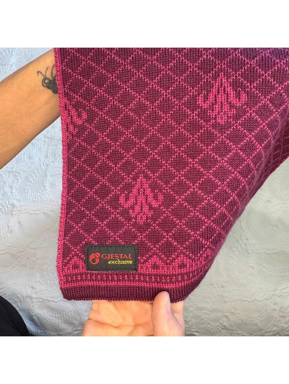 Vintage Gjestal Exclusive Norwegian Wool Scarf Burgundy Pink Nordic Knit 10x66